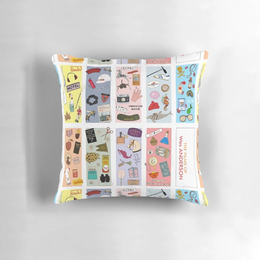 Wes Anderson movie-themed decorative pillow