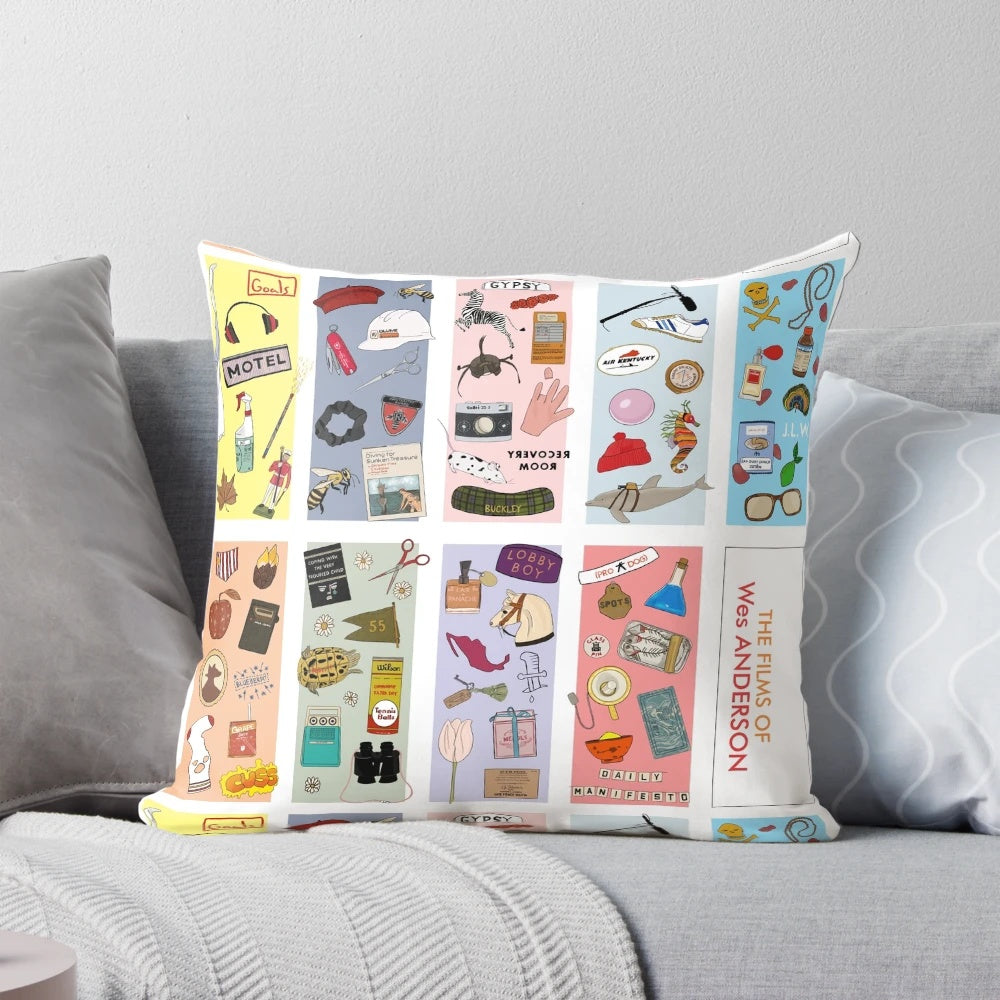 Wes Anderson movie-themed decorative pillow