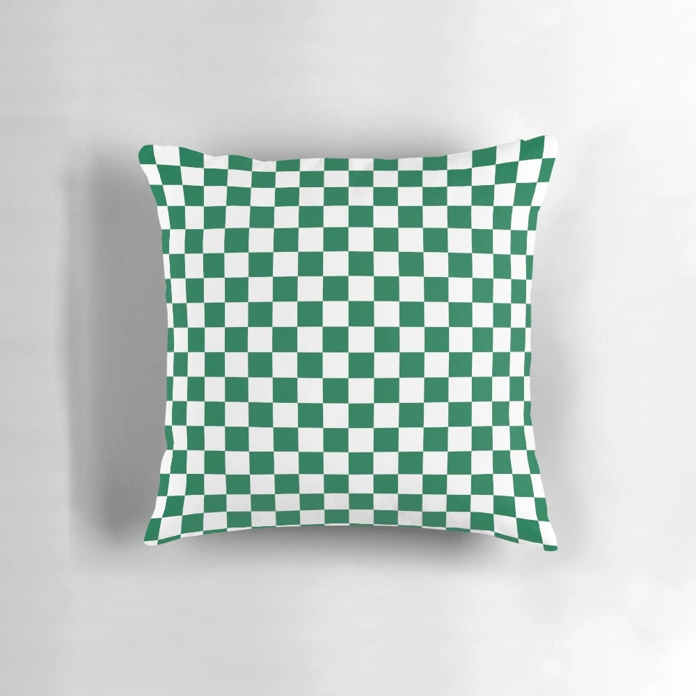 White and green checkered decorative throw pillow
