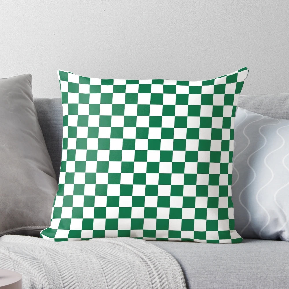 White and green checkered decorative throw pillow