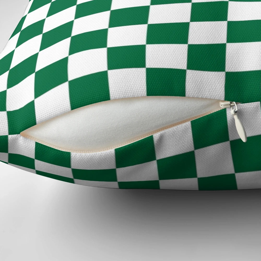 White and green checkered decorative throw pillow