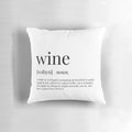 A cozy, decorative wine definition throw pillow showcasing the word "wine" in a typographic design.
