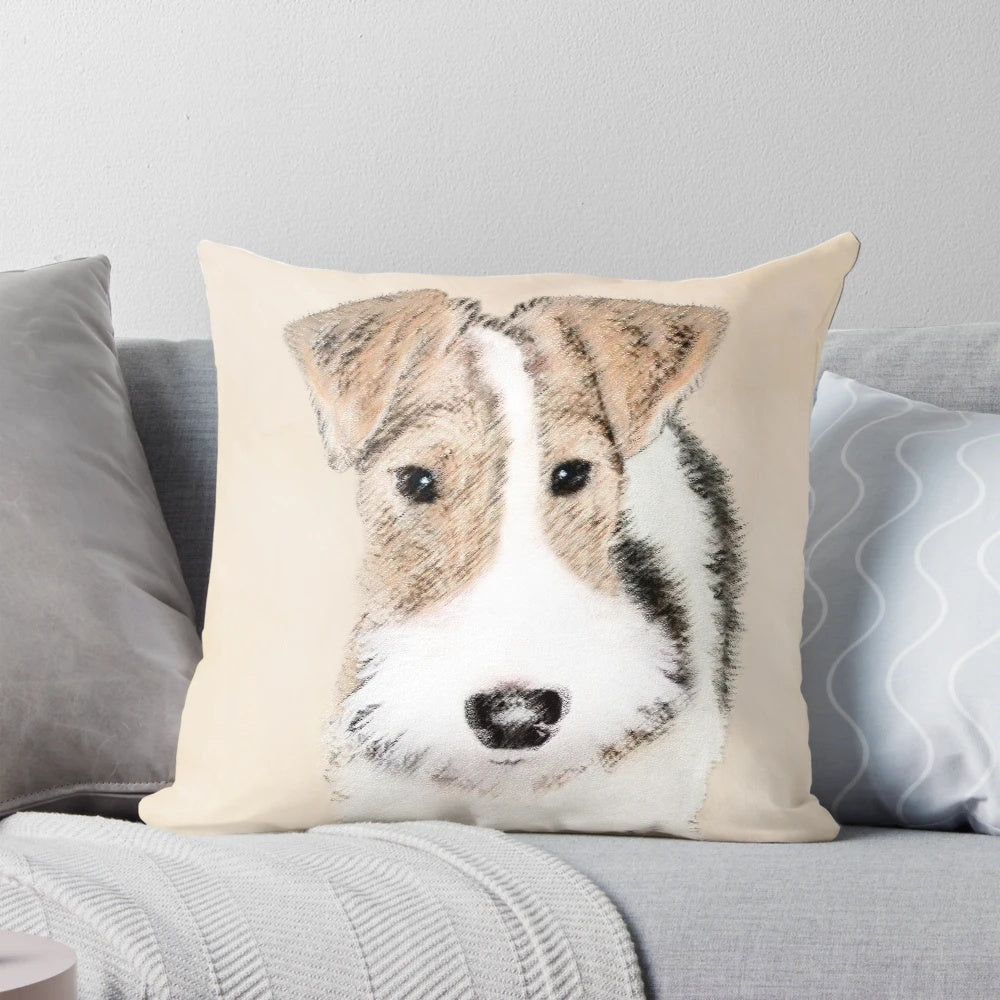 Closeup portrait of a cute wire fox terrier dog on a decorative pillow