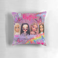 Vibrant y2k-inspired Bratz collage design printed on a soft, comfortable pillow