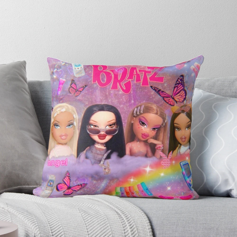 Vibrant y2k-inspired Bratz collage design printed on a soft, comfortable pillow