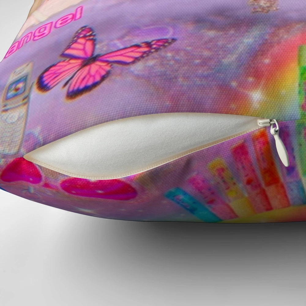 Vibrant y2k-inspired Bratz collage design printed on a soft, comfortable pillow