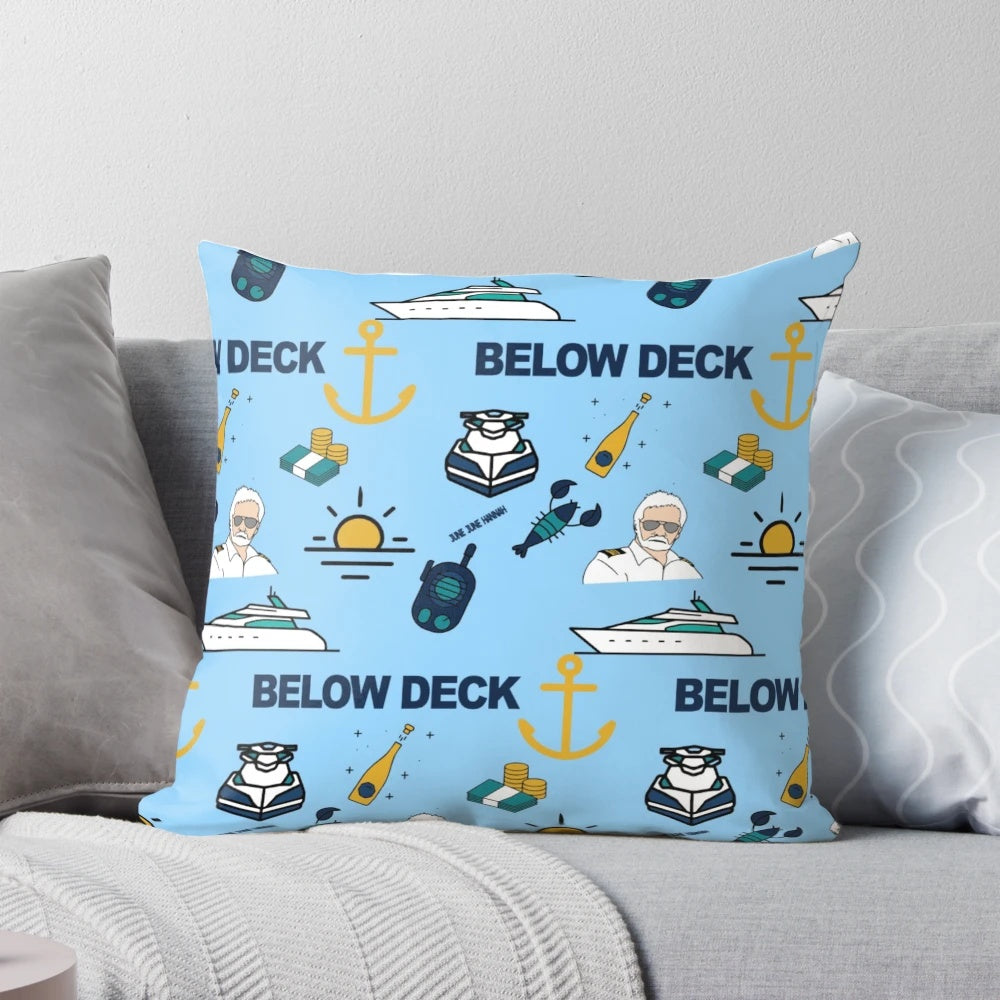 Illustration pattern pillow with yacht, Below Deck theme