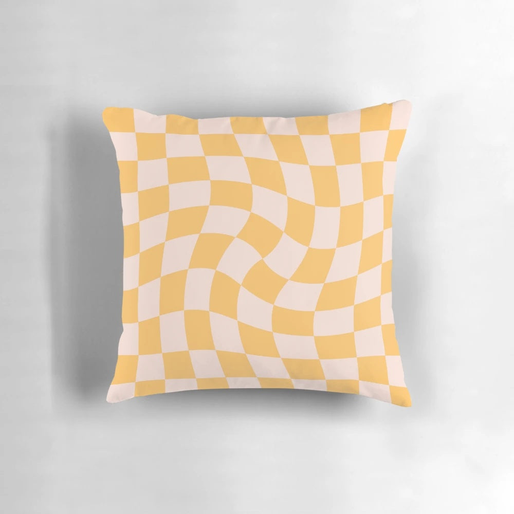 Yellow checkered pattern pillow with a vintage, retro design