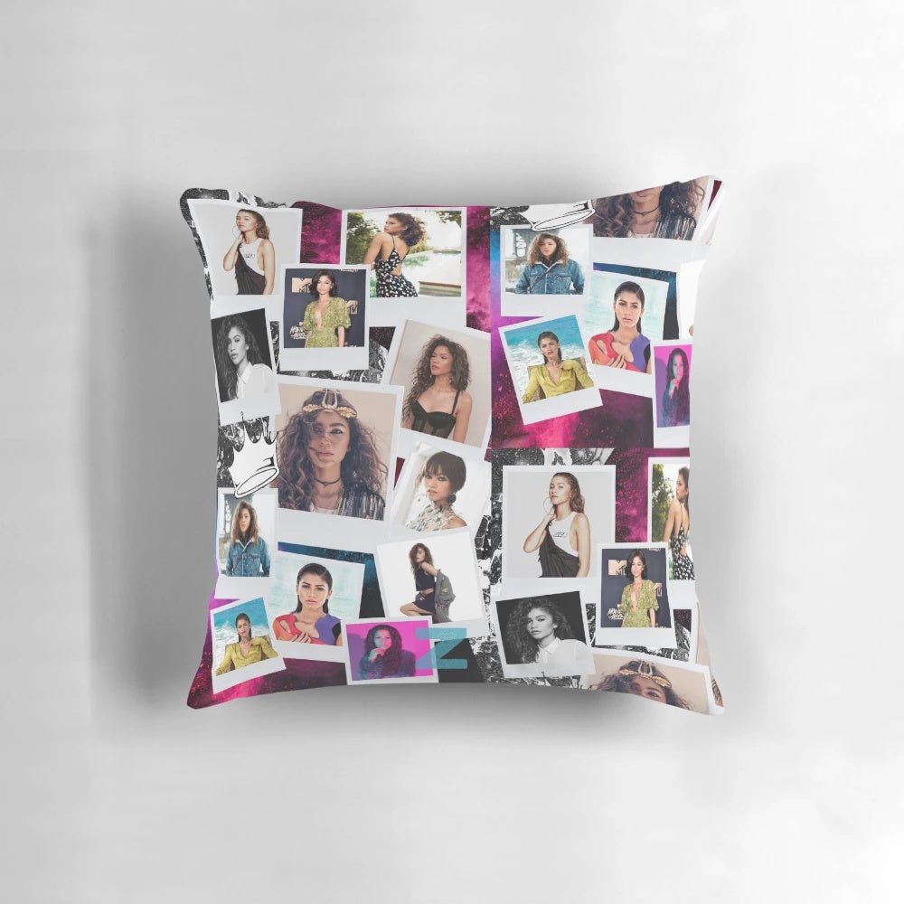 Zendaya-inspired decorative pillow with her portrait and text