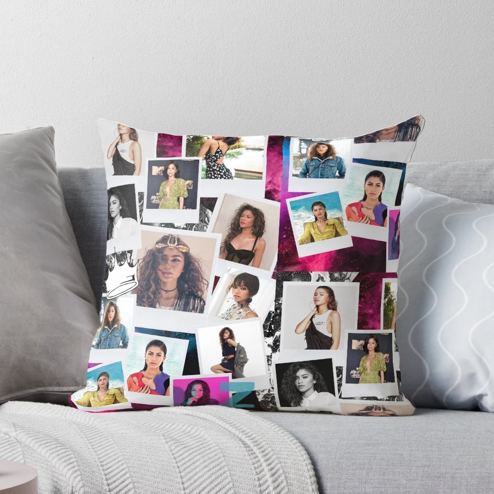 Zendaya-inspired decorative pillow with her portrait and text