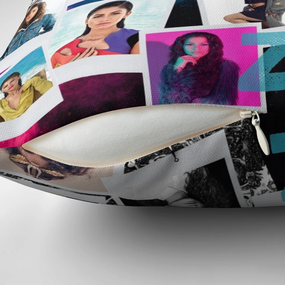 Zendaya-inspired decorative pillow with her portrait and text