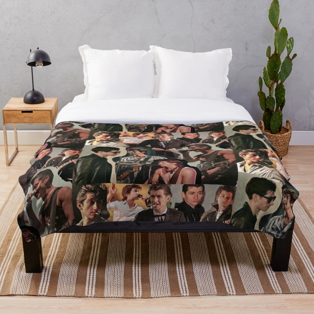 Stylized collage design featuring Alex Turner of the band Arctic Monkeys printed on a plush blanket
