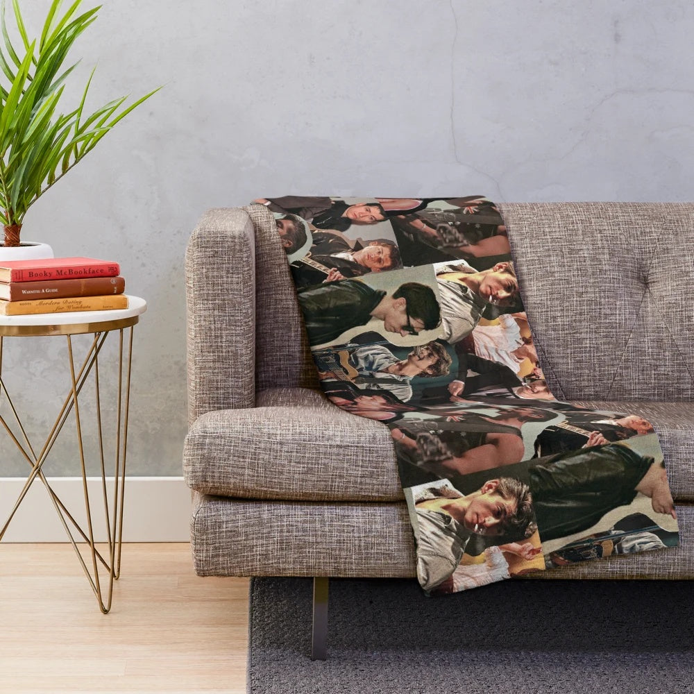 Stylized collage design featuring Alex Turner of the band Arctic Monkeys printed on a plush blanket