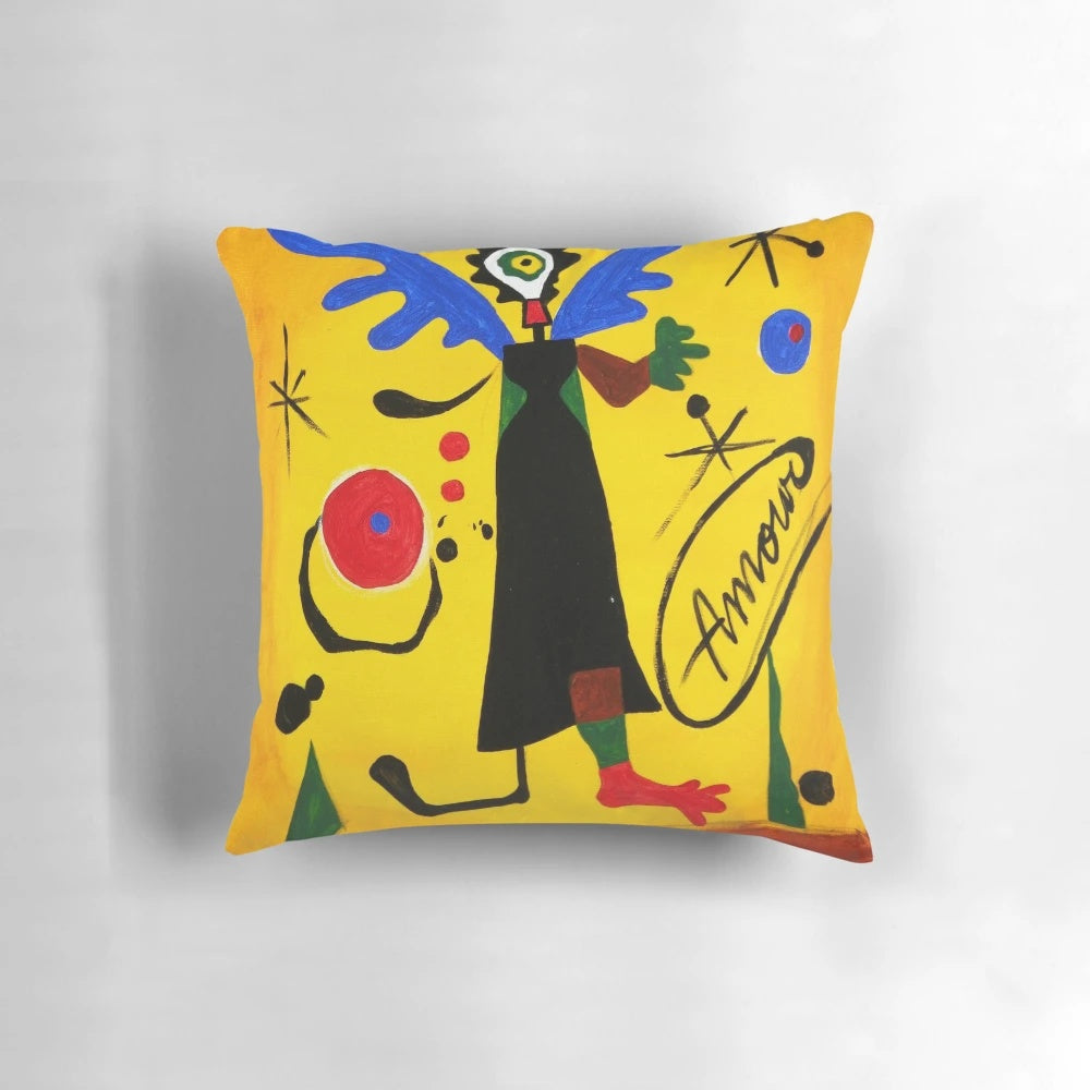 Pillow featuring a modern, abstract angel design in yellow tones
