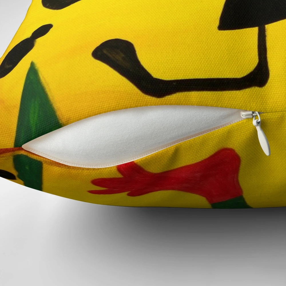 Pillow featuring a modern, abstract angel design in yellow tones