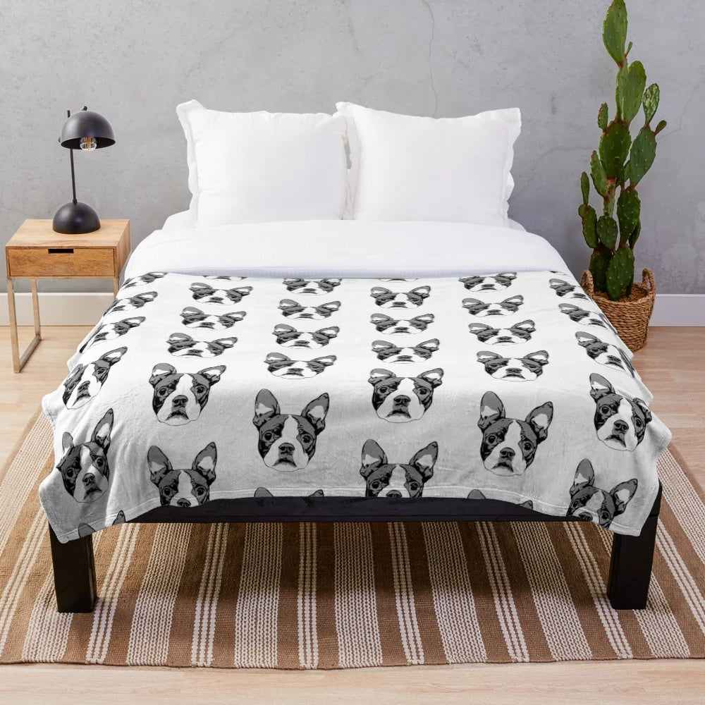 Stylized Boston Terrier dog illustration on a plush blanket