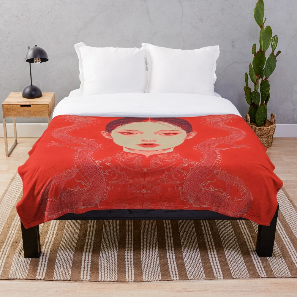Stylized dragon plush blanket with intense, modern design