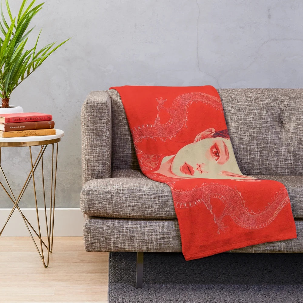 Stylized dragon plush blanket with intense, modern design