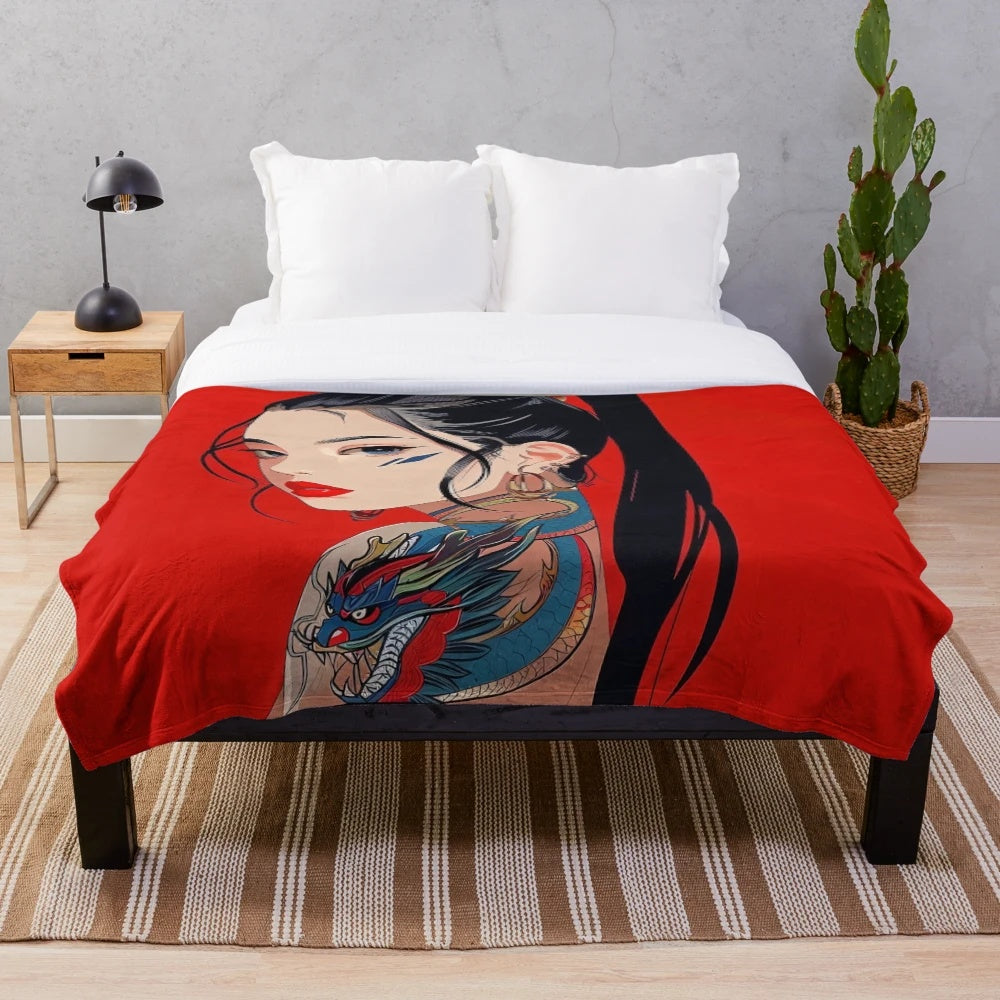 Stylized dragon plush blanket with a modern woman portrait design