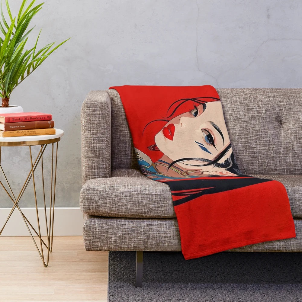 Stylized dragon plush blanket with a modern woman portrait design