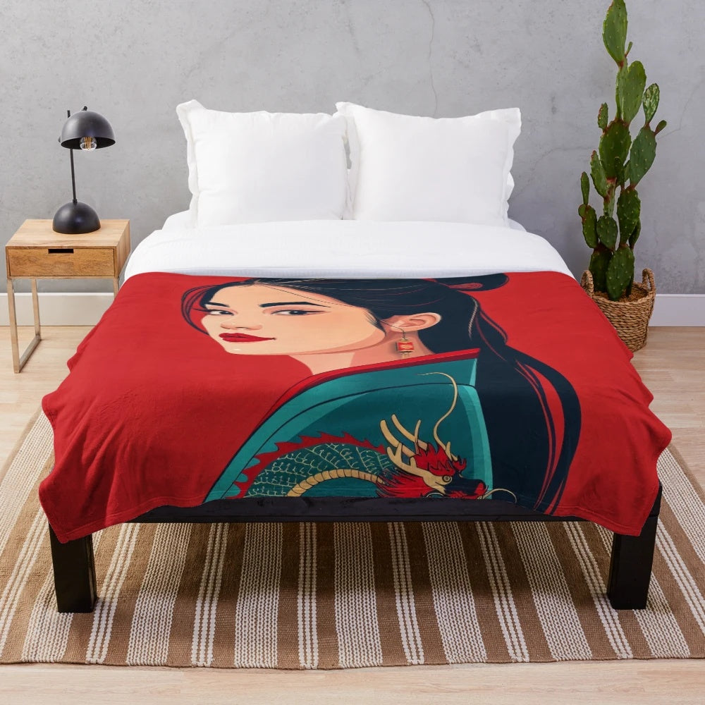 Stylized dragon plush blanket with a modern pop art design featuring a woman's portrait