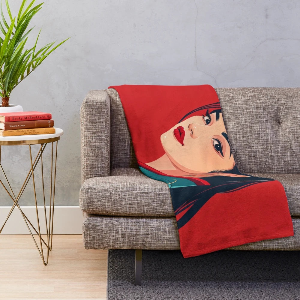 Stylized dragon plush blanket with a modern pop art design featuring a woman's portrait
