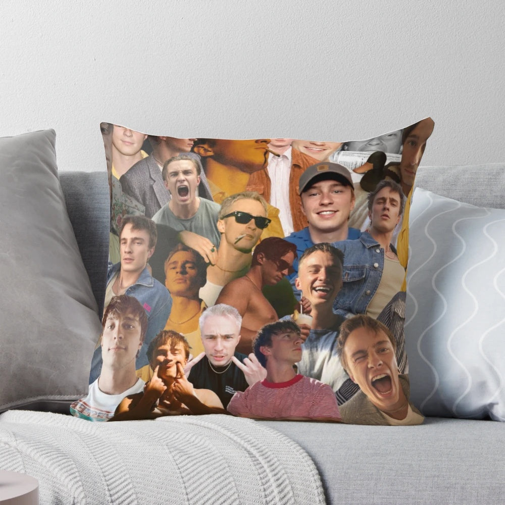 A collage-style pillow featuring the image of actor Drew Starkey, known for his role in the drama series Outer Banks.