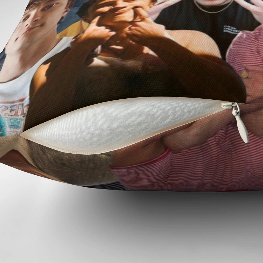 A collage-style pillow featuring the image of actor Drew Starkey, known for his role in the drama series Outer Banks.