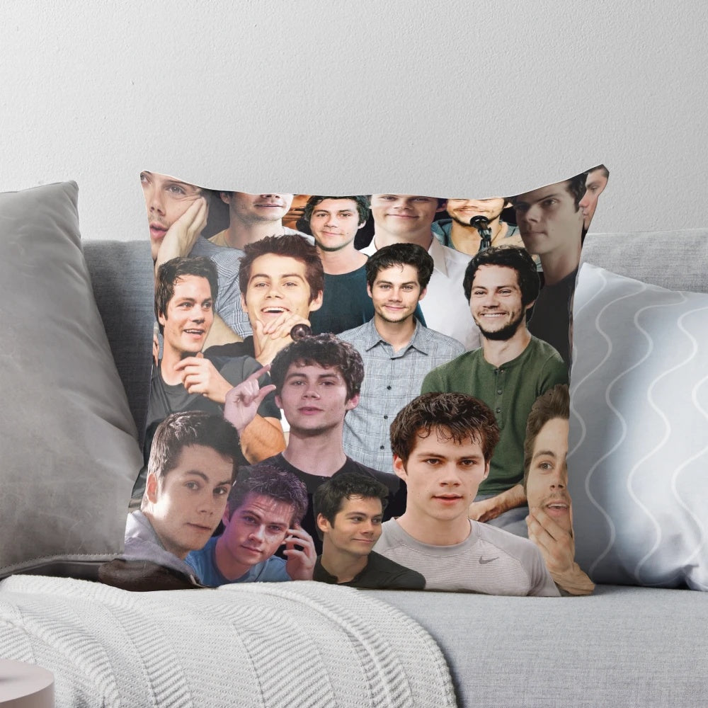 A custom, printed pillow featuring a collage of images of actor Dylan O'Brien from the TV show Teen Wolf and other media.