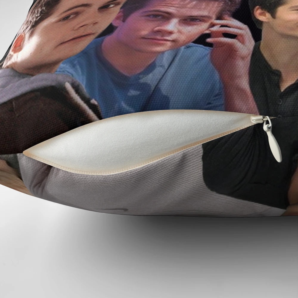A custom, printed pillow featuring a collage of images of actor Dylan O'Brien from the TV show Teen Wolf and other media.