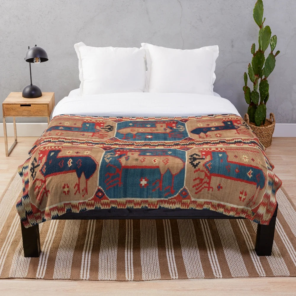 Stylized horses geometric antique Swedish tapestry pattern plush blanket