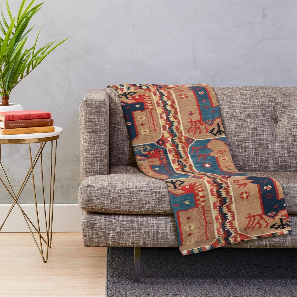Stylized horses geometric antique Swedish tapestry pattern plush blanket
