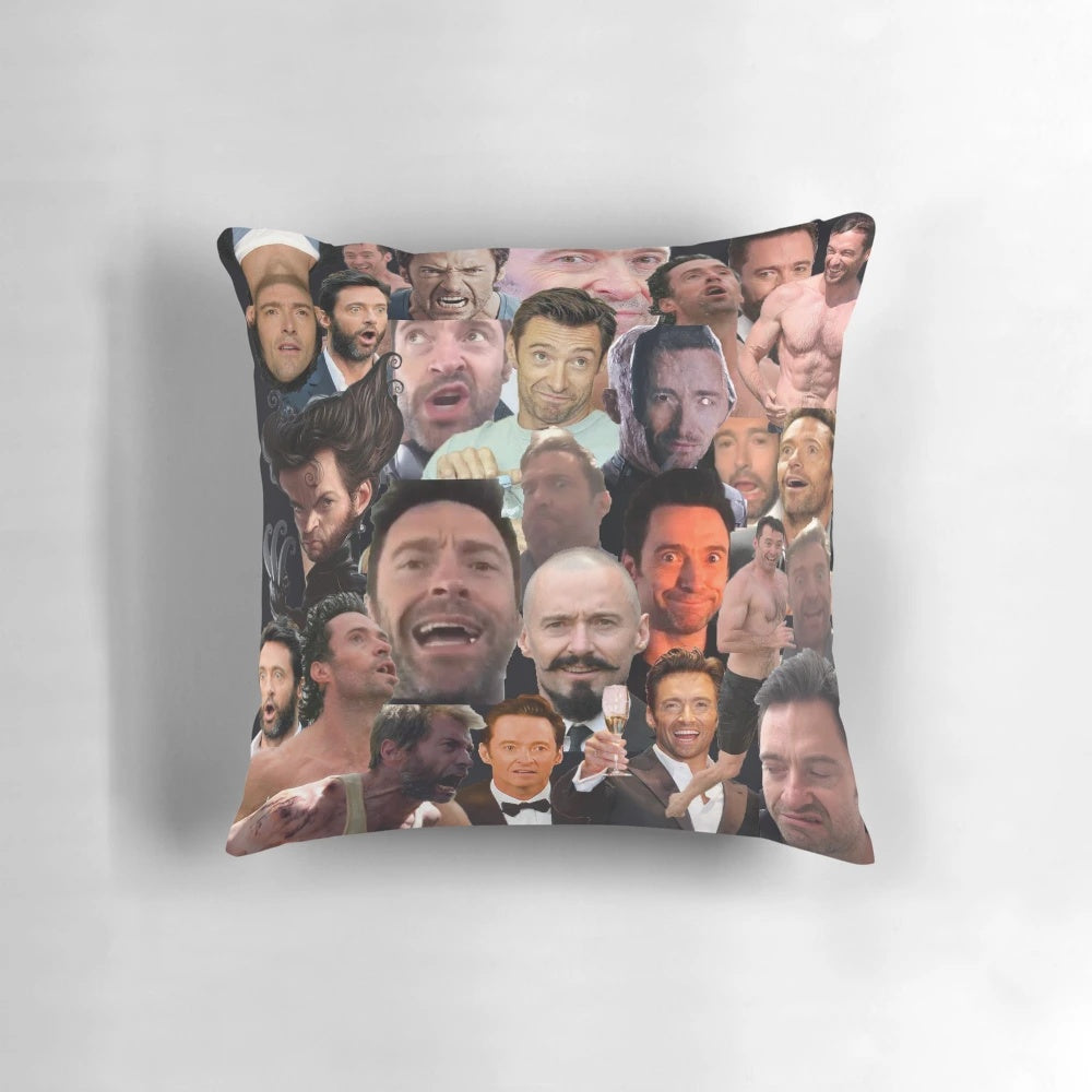 A stylized collage of various portraits of actor Hugh Jackman, known for his role as Wolverine in the X-Men movies.
