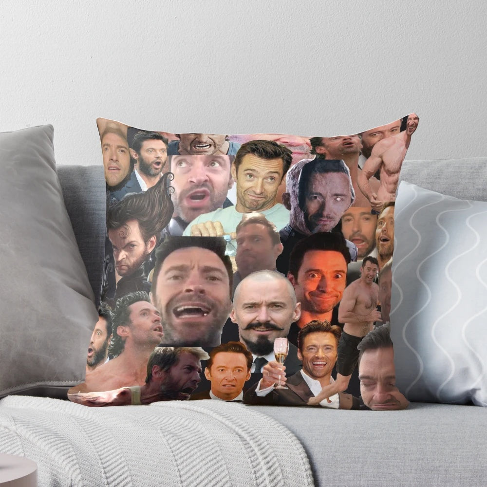 A stylized collage of various portraits of actor Hugh Jackman, known for his role as Wolverine in the X-Men movies.
