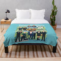 Colorful plush blanket featuring a collage of typography and character art from a popular TV show