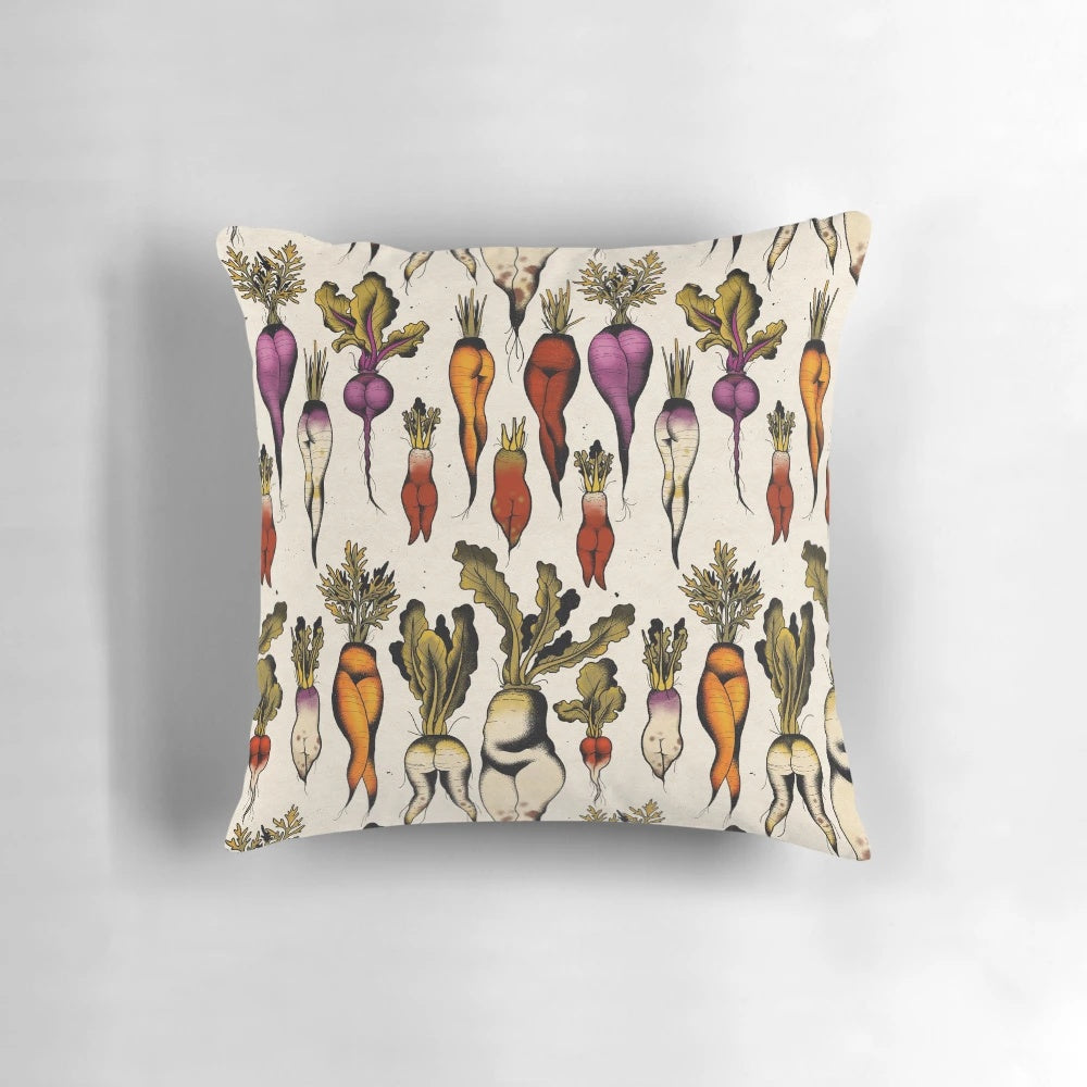 Decorative pillow featuring a hand-drawn cartoon design of colorful root vegetables like carrots, radishes, and daikon.