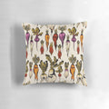 Decorative pillow featuring a hand-drawn cartoon design of colorful root vegetables like carrots, radishes, and daikon.