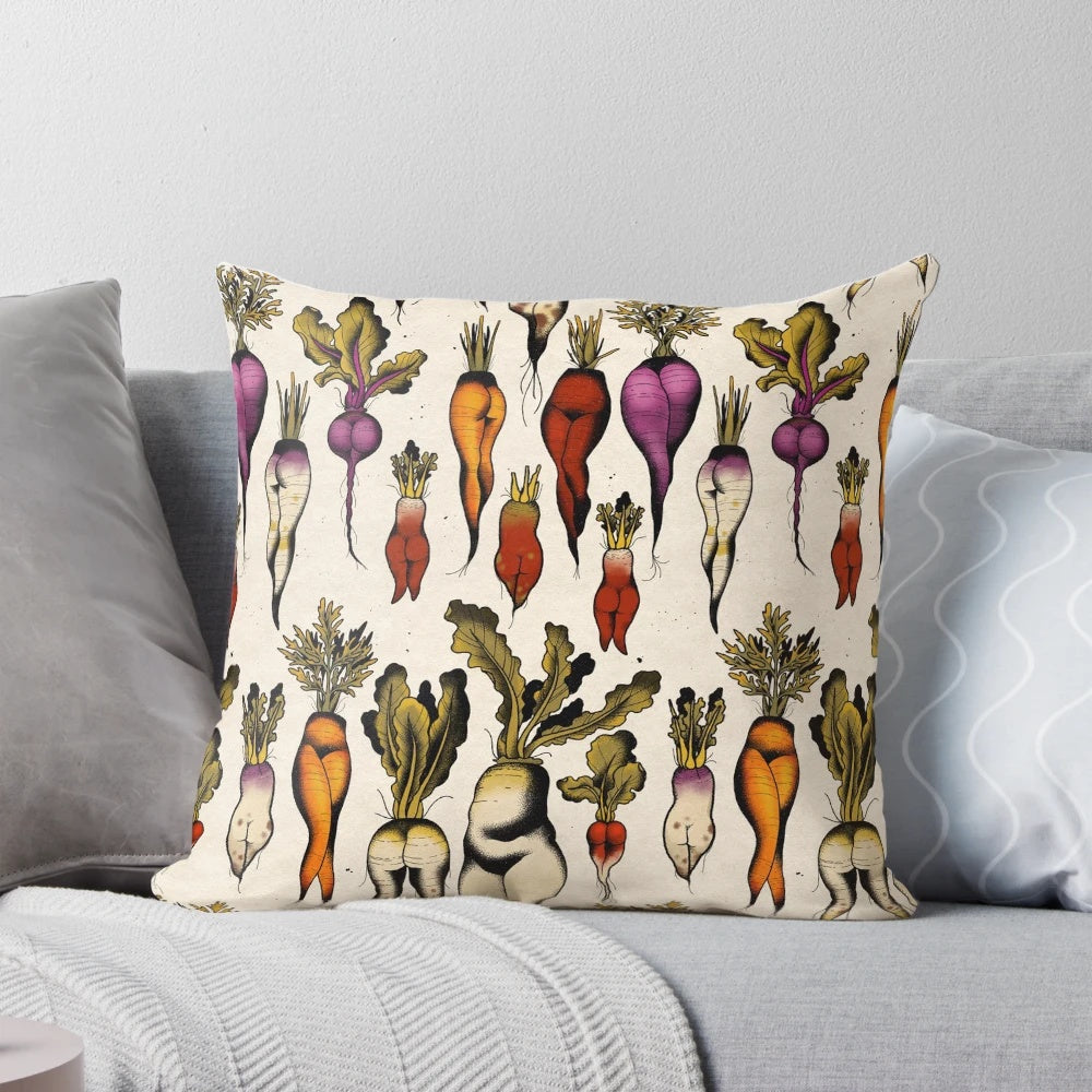 Decorative pillow featuring a hand-drawn cartoon design of colorful root vegetables like carrots, radishes, and daikon.