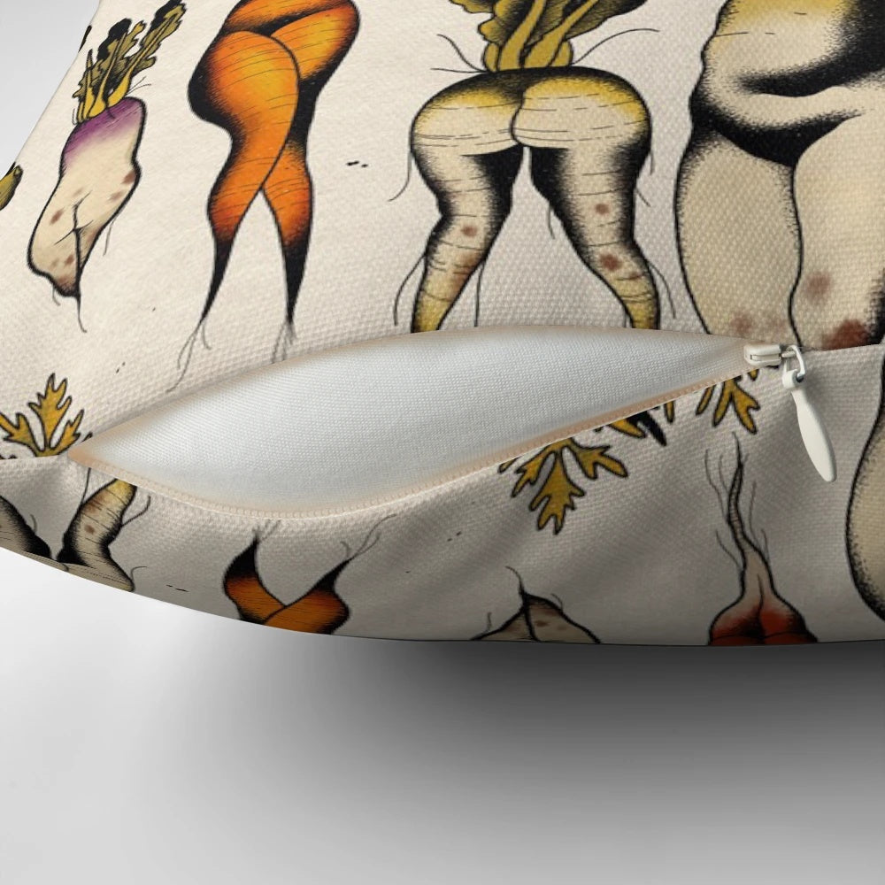 Decorative pillow featuring a hand-drawn cartoon design of colorful root vegetables like carrots, radishes, and daikon.