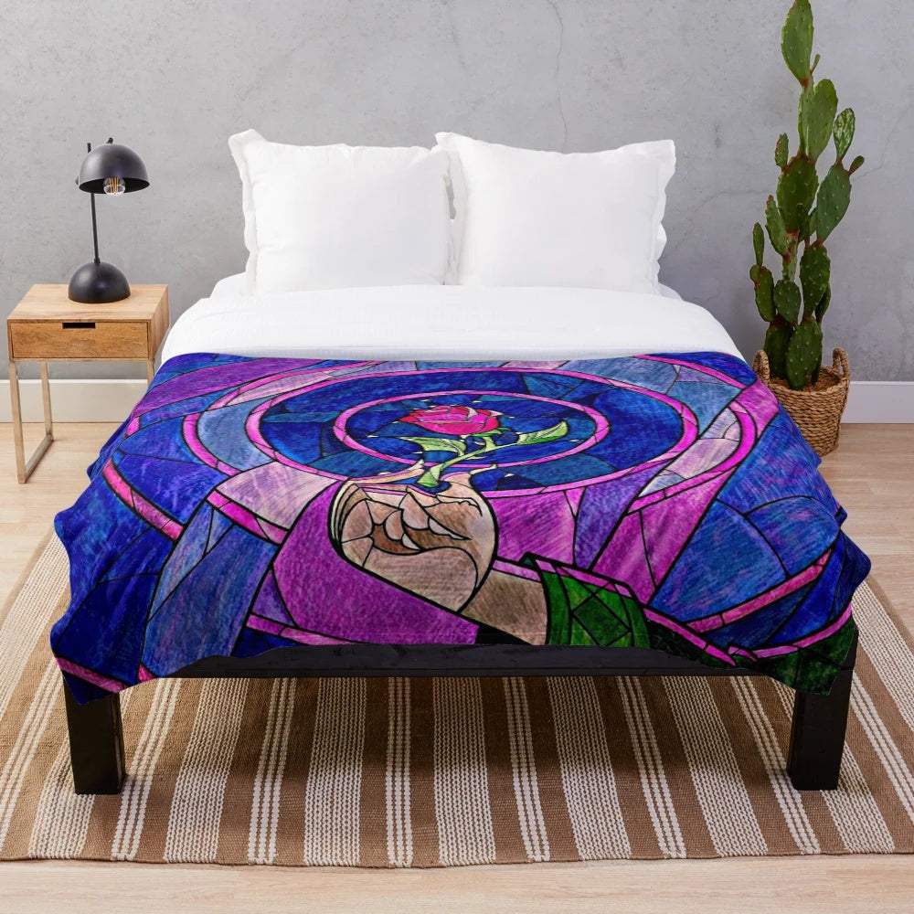 Rose Beauty and the Beast inspired plush blanket with geometric and floral design