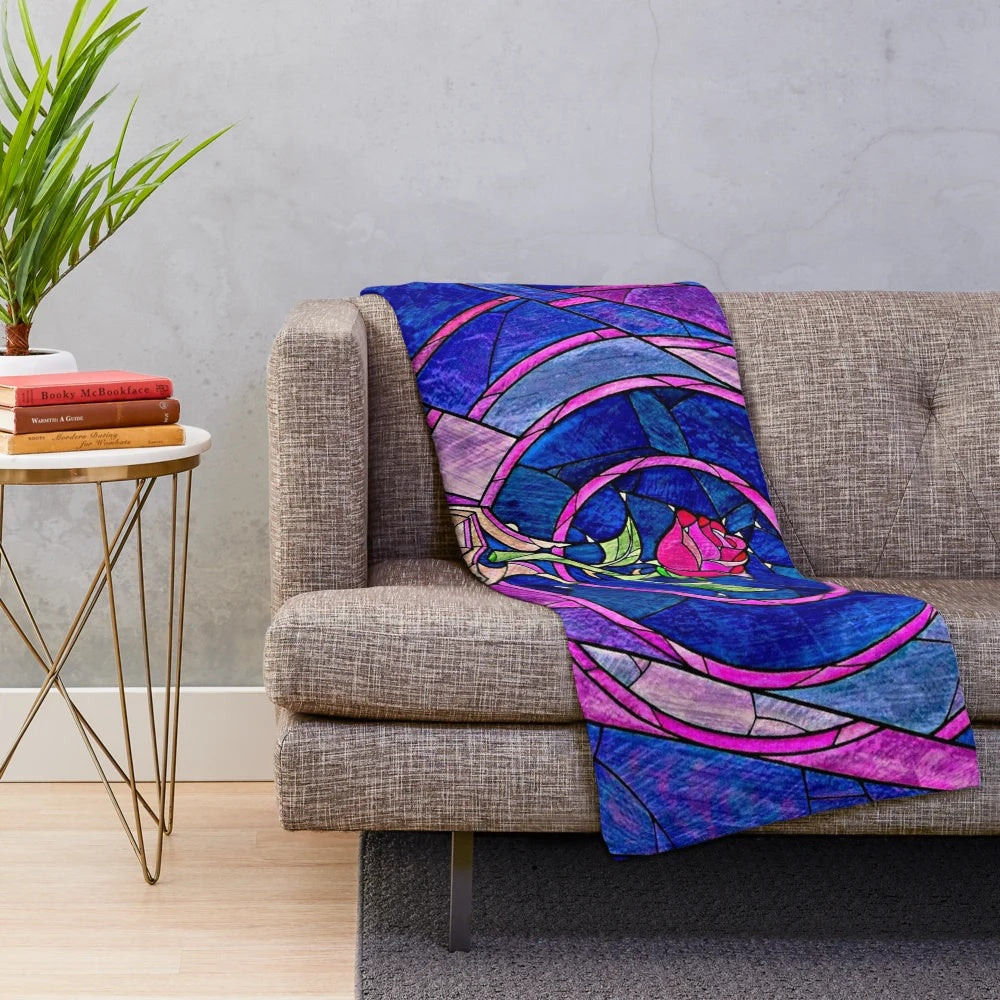 Rose Beauty and the Beast inspired plush blanket with geometric and floral design