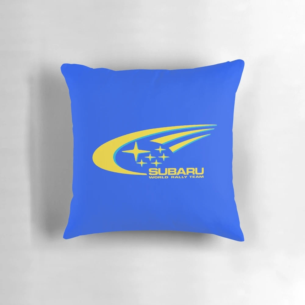 Subaru racing tshirt pillow with blue and white design