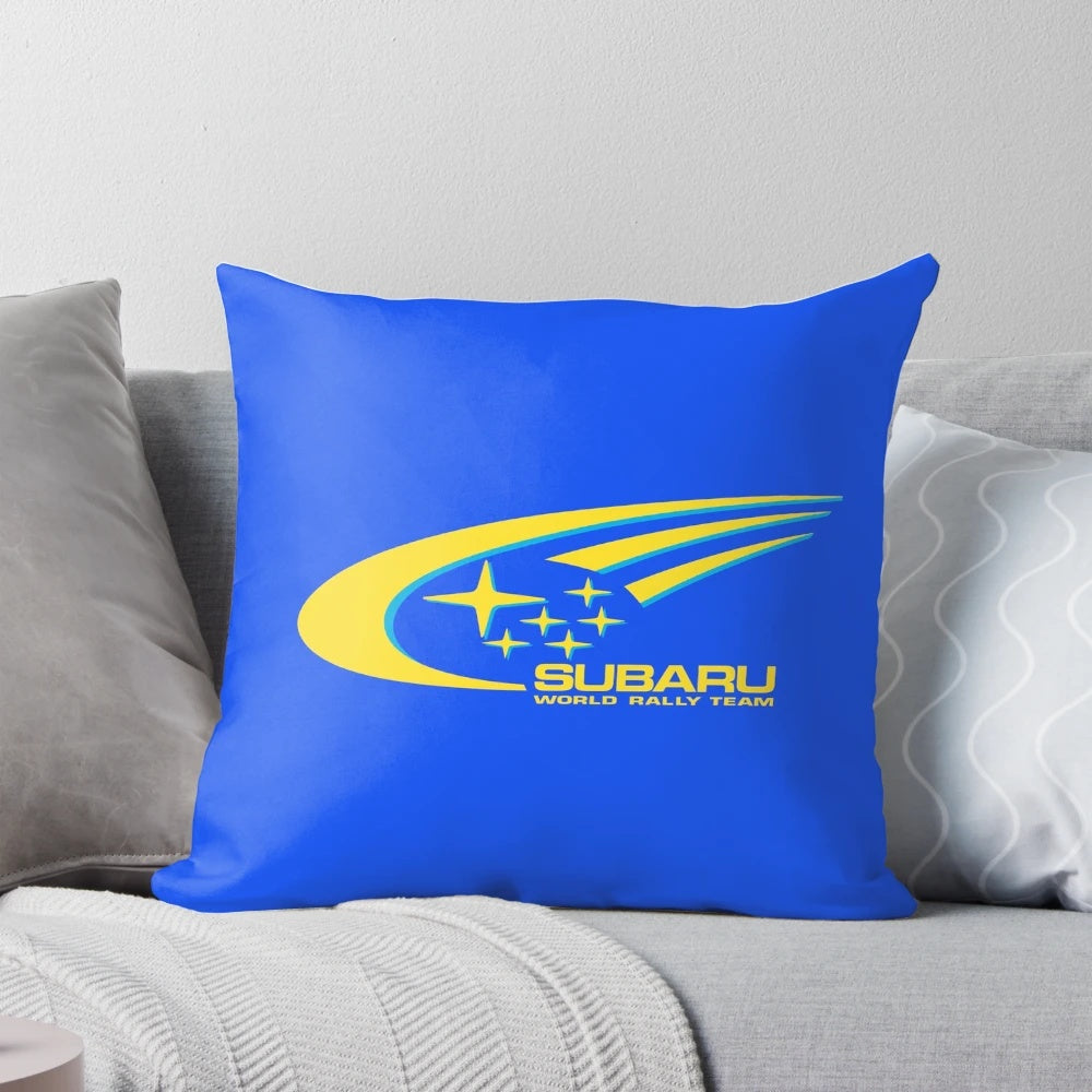 Subaru racing tshirt pillow with blue and white design