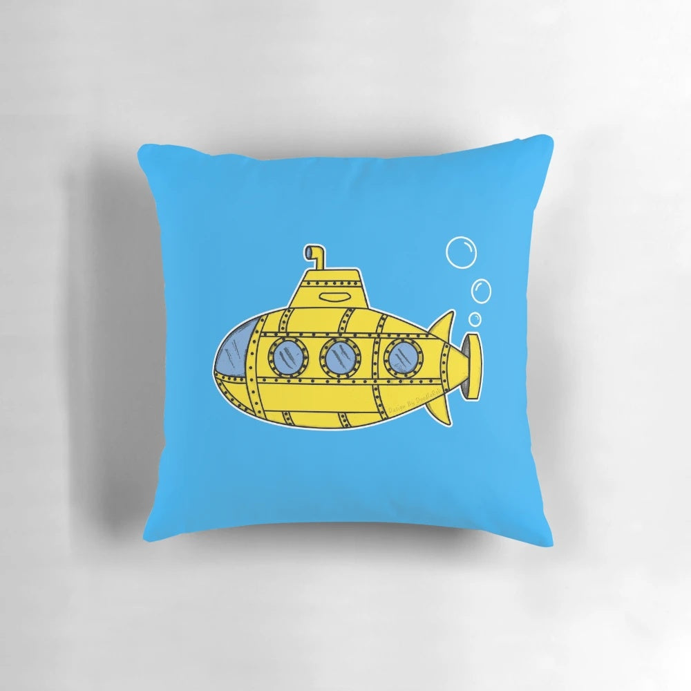 A colorful throw pillow featuring a doodle design of a submarine, perfect for submarine enthusiasts and kids' birthday celebrations.
