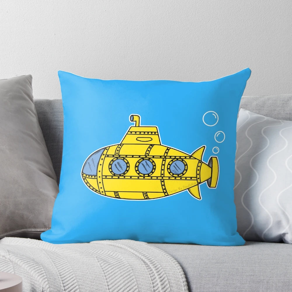 A colorful throw pillow featuring a doodle design of a submarine, perfect for submarine enthusiasts and kids' birthday celebrations.
