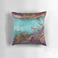 Submerged pillow featuring a vibrant underwater seascape design with coral reef, tropical fish, and neon colors.