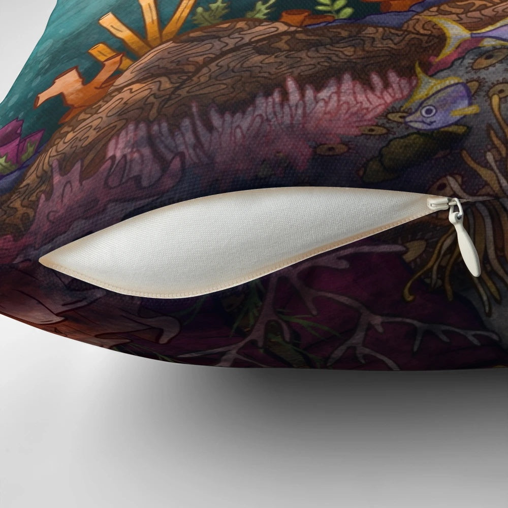 Submerged pillow featuring a vibrant underwater seascape design with coral reef, tropical fish, and neon colors.