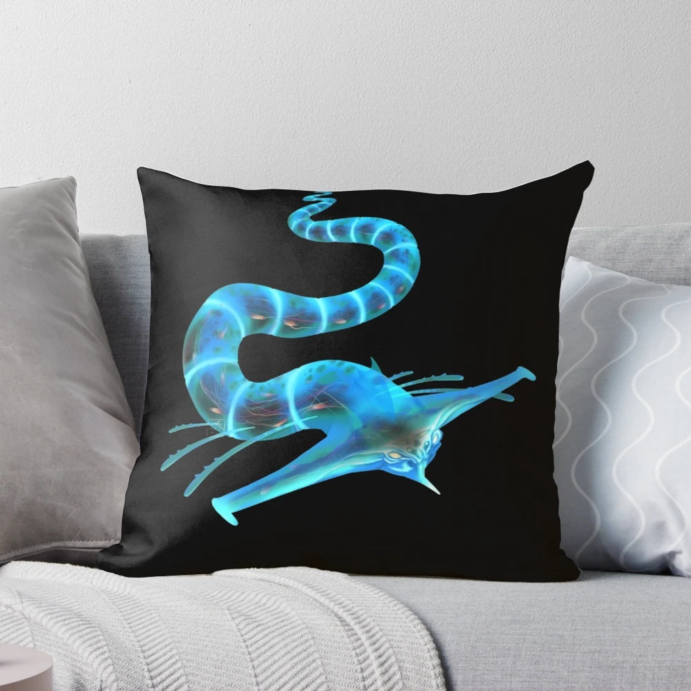 Subnautica Ghost Leviathan Throw Pillow featuring the iconic alien underwater creature from the popular video game.