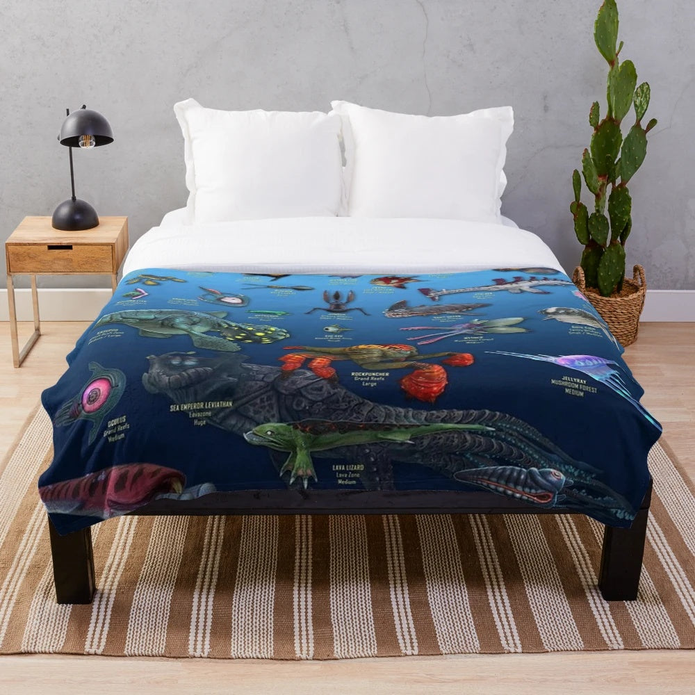 Subnautica-inspired plush blanket featuring ocean creatures and sci-fi elements