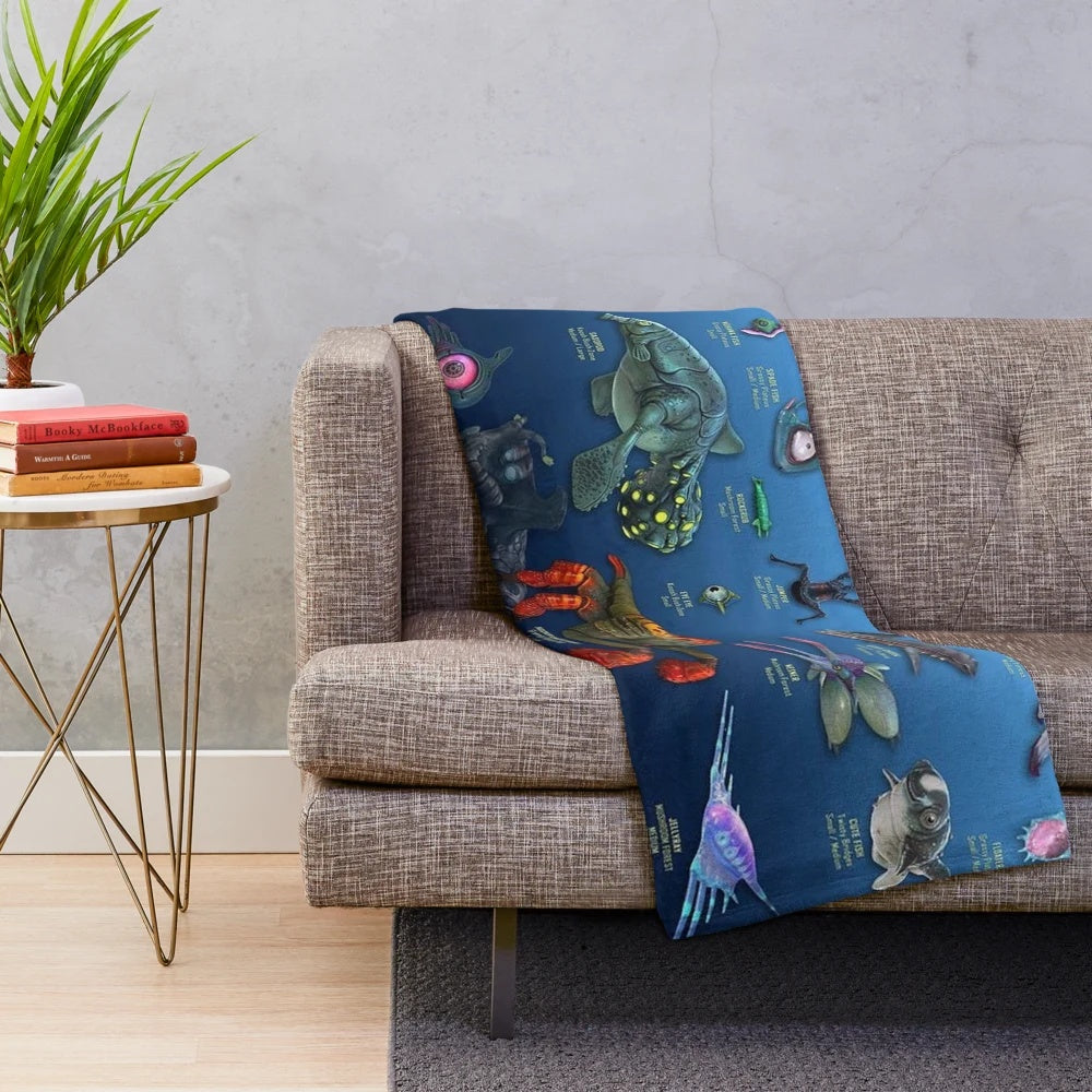 Subnautica-inspired plush blanket featuring ocean creatures and sci-fi elements